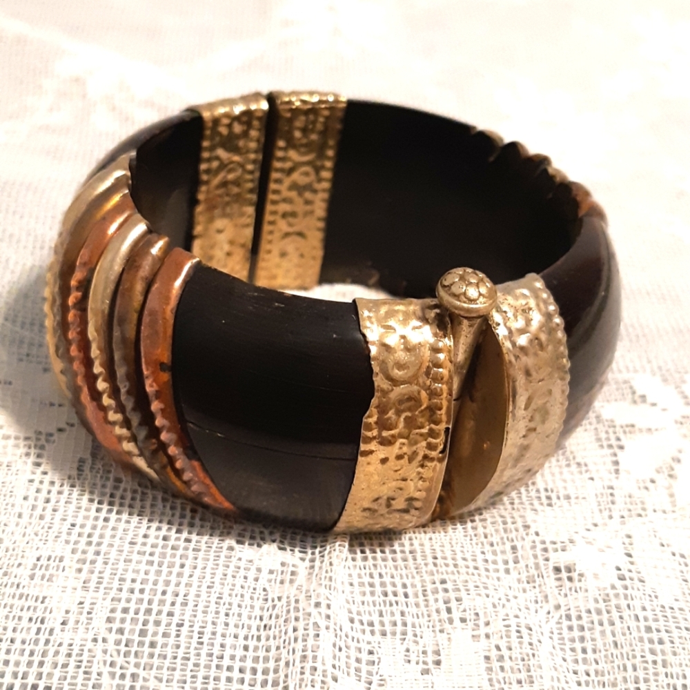 Vintage Chunky Bracelet,  Silver, Bronz, And Copper, 2 3/8" Wide With Safet Pin